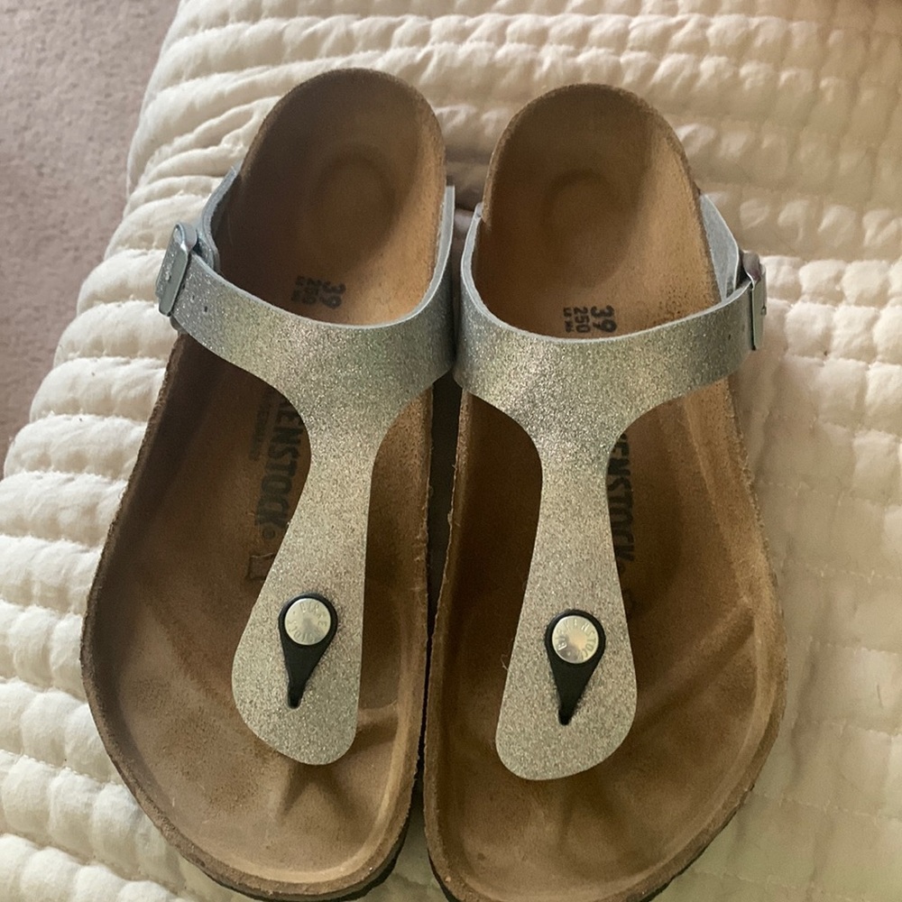 Worn twice. Silver, glittery Birkenstocks